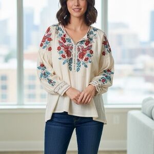 Johnny Was Cream Blouse with Red and Blue Embroidery